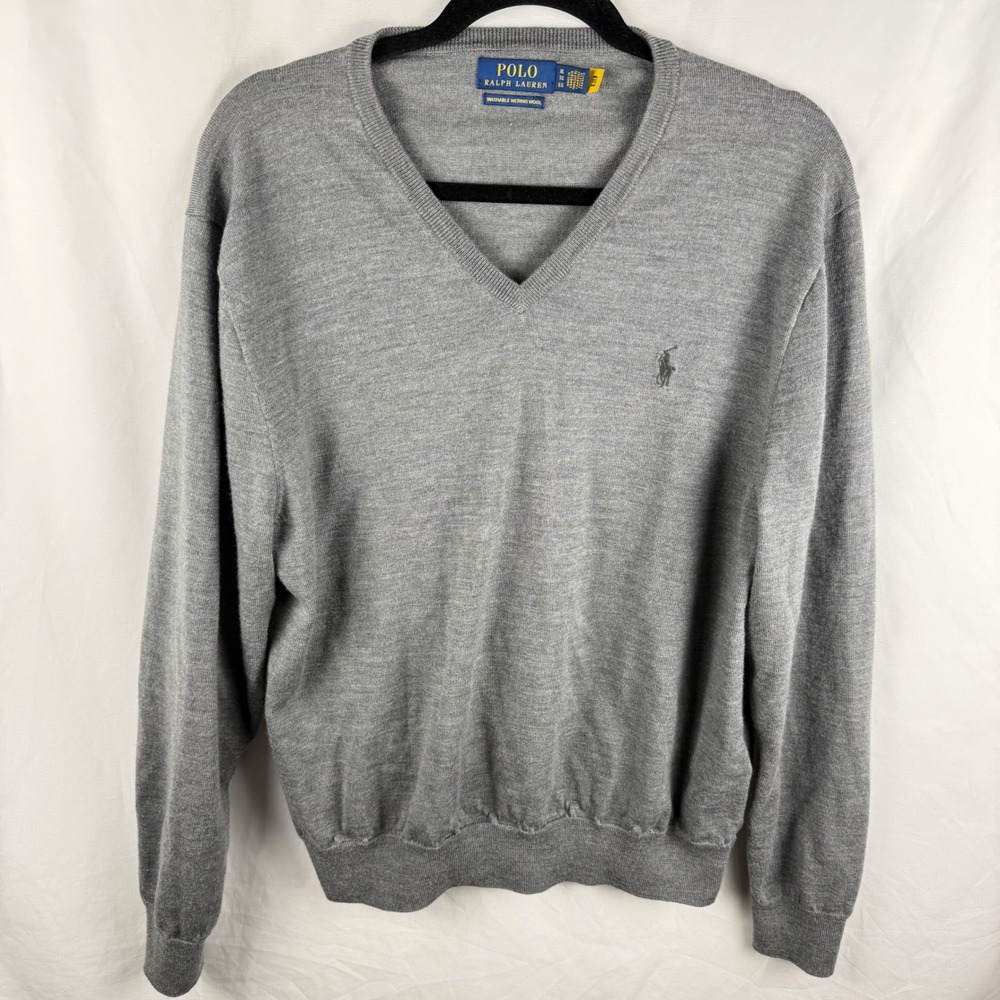 Polo Ralph Lauren Merino Wool Gray‎ V-Neck Sweater XL Classic Timeless Preppy